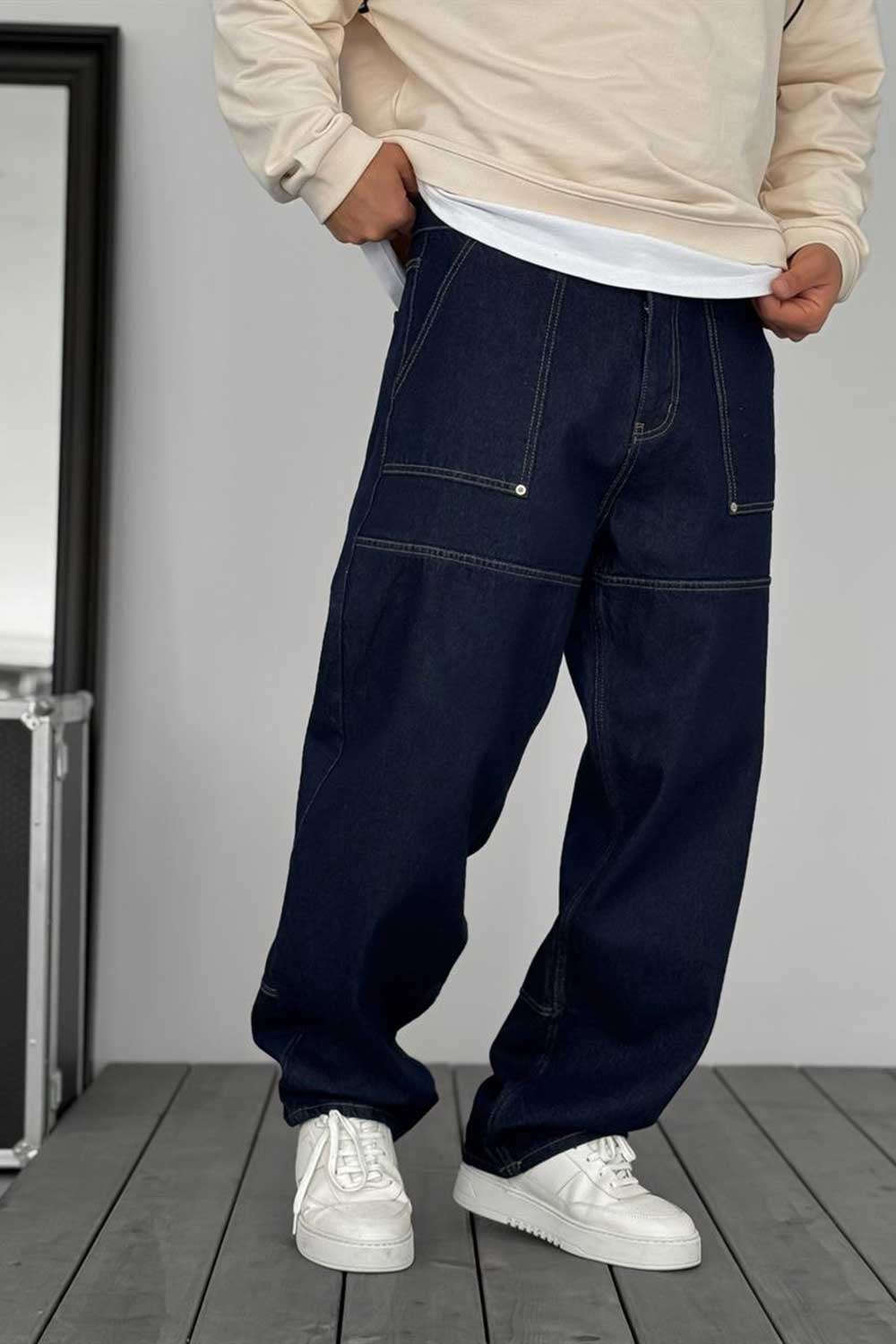 Jeans baggy con bolsillos grandes y costuras – Azul oscuro