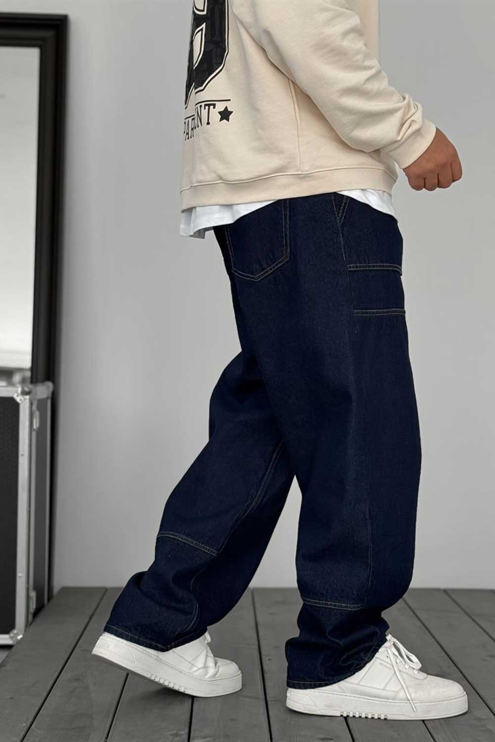 Jeans baggy con bolsillos grandes y costuras – Azul oscuro