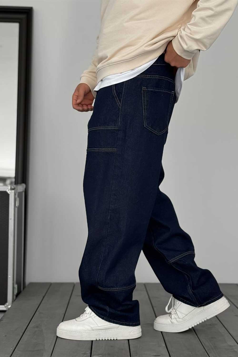Jeans baggy con bolsillos grandes y costuras – Azul oscuro