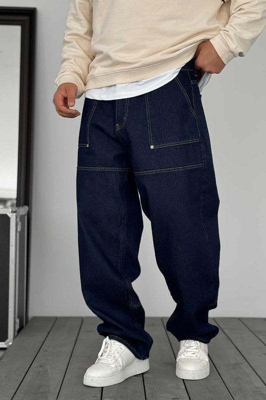 Jeans baggy con bolsillos grandes y costuras – Azul oscuro
