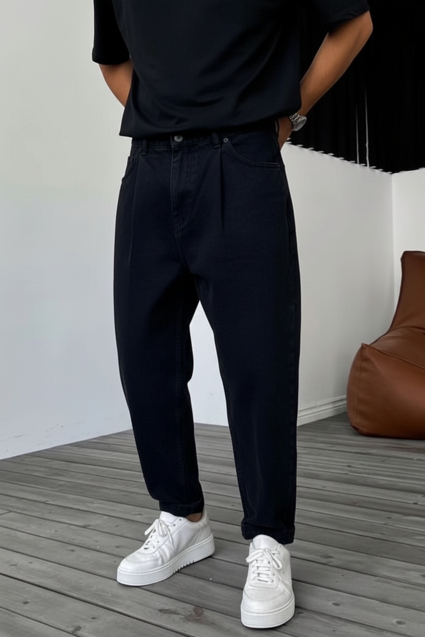 Pantalón vaquero balloon con pinzas – Negro total