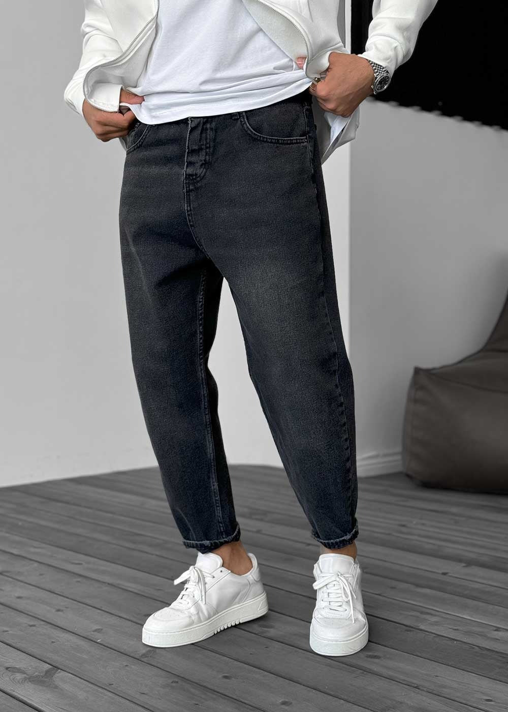 Pantalón vaquero de corte holgado con efecto lavado - Negro