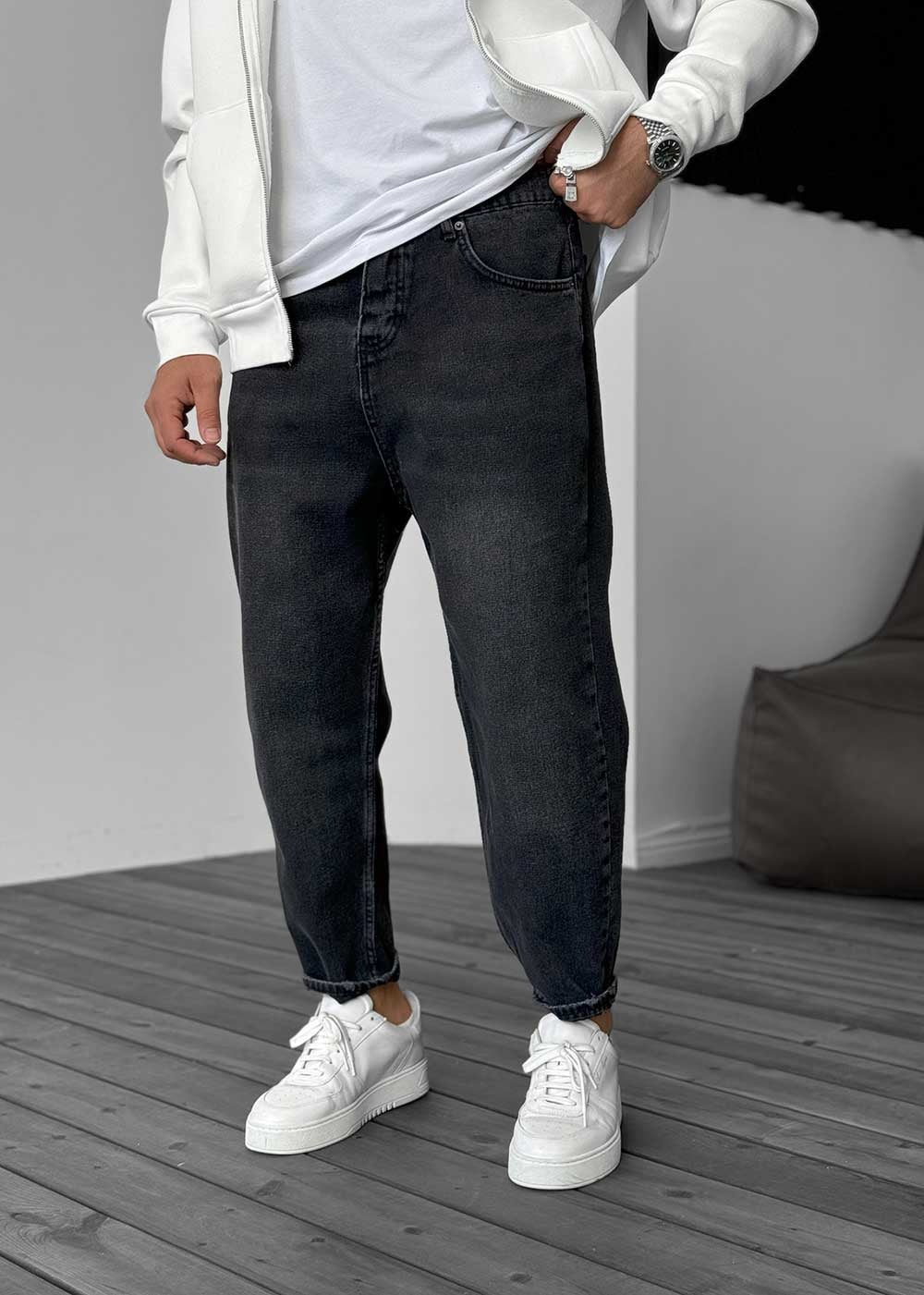 Pantalón vaquero de corte holgado con efecto lavado - Negro